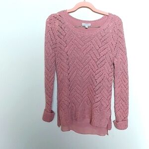Lucky Brand Pink Metallic Crochet Open Knit Scoop Neck Sweater Size Small